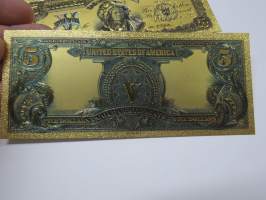 Five (5) Silver Dollars - United States - Gold foil novelty note -keräilyseteli 24 K kullattu seteli, leikkirahaa