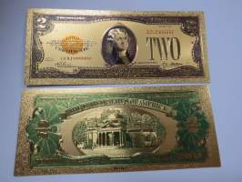Two (2) Silver Dollars - United States - Gold foil novelty note -keräilyseteli 24 K kullattu seteli, leikkirahaa