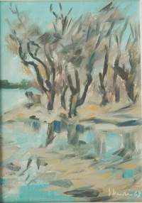 Veikko Vuori, &quot;Rantamaisema&quot; öljymaalaus  levylle  sign V Vuori -68   kehystetty  41x32  cm