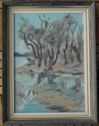Veikko Vuori, &quot;Rantamaisema&quot; öljymaalaus  levylle  sign V Vuori -68   kehystetty  41x32  cm