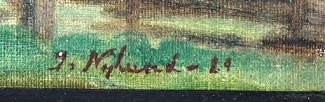 Ilmari Nylund, &quot; Punainen tupa&quot; öljymaalaus levylle sign 1929 kehystetty  40x46  cm