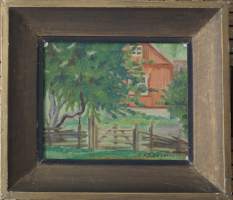 Ilmari Nylund, &quot; Punainen tupa&quot; öljymaalaus levylle sign 1929 kehystetty  40x46  cm