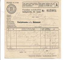 Vuodan ostokuitti Karjakunta  Uurainen 1945