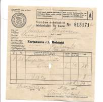 Vuodan ostokuitti Karjakunta  Uurainen 1945