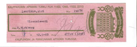 Kauppatorin  Apteekki  Turku  , resepti  signatuuri  1960