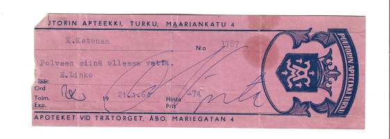 Puutorin  Apteekki  Turku  , resepti  signatuuri  1964