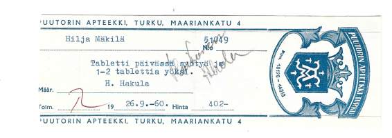 Puutorin  Apteekki  Turku  , resepti  signatuuri  1960