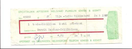 Erottajan Apteekki Helsinki - resepti signatuuri 1968
