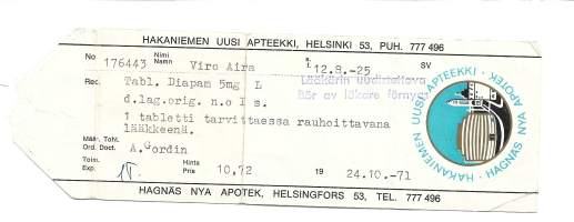 Hakaniemen Uusi  Apteekki  , resepti  signatuuri   1971