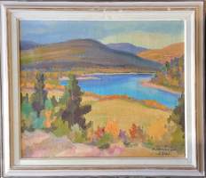 Arvo Ahola,&quot;Inarijoki  maalaus kankaalle , sign -59  koko 58x68 cm kehystetty