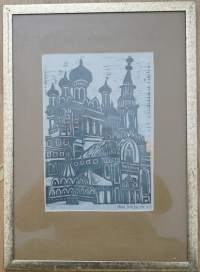 Aarno Salosmaa,  Kirkko puupiirros tpla 10/20 sign -62,  koko 53x48  cm