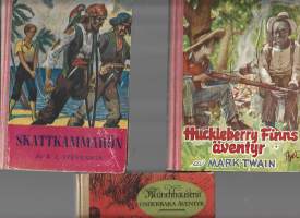 Huckleberry Finns äventyr - 43, Munckhauseunderbara äventyr -65 ja Skattkammarön -43  yht 3 ruotsinkielistä nuoriso klassikkoa
