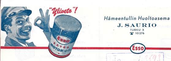 Esso Hämeentullin Huoltoasema J Saurio Turku 1956   firmalomake