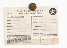 Maaottelu marssimerkki Suomi-Ruotsi 1941  rintamerkki ja marssikortti miehet ennen v1928 syntyneet