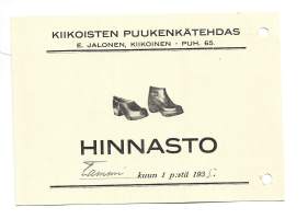 Kiikoisten Puukenkätehdas E Jalonen Kiikoinen  hinnasto 1935