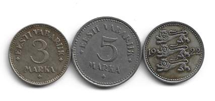 Viro Eesti 3 Marka 1922 ja 1925 sekä 5 Marka 1922 - ulkomainen kolikko