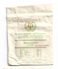 Yliopiston Apteekki  Tampere tyhjä   tuotepakkaus  lääkepussi Reumapyrin
