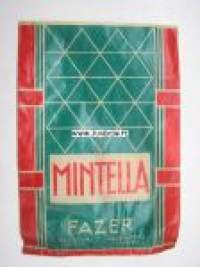 Fazer Mintella -pakkaus. Makeispakkaus. Karamellipakkaus. 12 x 17 cm käyttämätön tuotepakkaus. (Ulkomitoin käyttämättömässä muodossa.)
