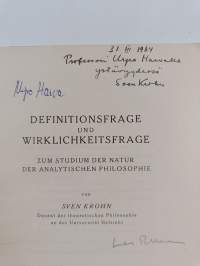 Definitionsfrage und Wirklichkeitsfrage : zum Studium der Natur der analytischen Philosophie (signeerattu, tekijän omiste)