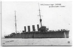H.M.S. Croiseur léger CHATMAN qui aida á couler I &quot;Emden&quot;  -  vanha laivapostikortti  postikortti laivakortti kulkematon