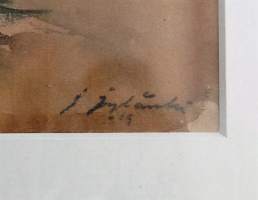 Jussi Jylänki,  &quot;Maalaismaisema&quot;  akvarelli sign 1919, kehystetty 33x55 cm