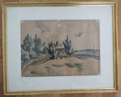 Jussi Jylänki,  &quot;Maalaismaisema&quot;  akvarelli sign 1919, kehystetty 33x55 cm