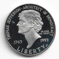1 Dollar 1993 Thomas Jefferson’s 250th Birthday USAKM 249Hopeaa /26,73 g (900/1000)01-0 (EF-UNC) Proof
