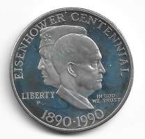 1 Dollar 1990 Eisenhower CentennialHopeaa / silver 26.73 g (900/1000). Kiiltolyönti / Proof 01-0 USA