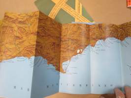 Espanjan yleinen maantiekartta 1960-luvulta + esitteet Costa Brava &amp; Costa Blanca