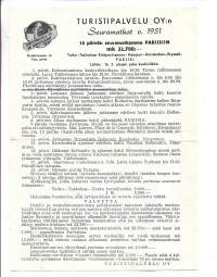 Turistipalvelun Oy:n Seuramatkat v 1951 Pariisiin - matkaesite 2 sivua
