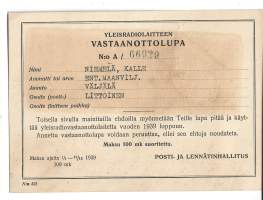 Yleisradiolaitteen vastaanottolupa - radiolupa 1939