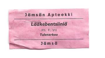 Jämsän  Apteekki / Lääkebentsiiniä -  apteekkietiketti