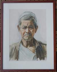 Chandra &quot; Nepalilainen mies! akvarelli  sing Chandra -05 Nepal  49x39 cm kehystetty