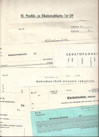 Pankki- ja liikelomakkeita 1950-luvulta - blankoja n 15 erilaista