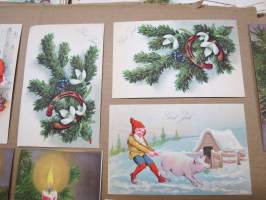 Joulukortti, joulukortit / joulukorttisarja / postikortit / postikorttisarja, käyttämättömät 11 kpl 1920-30 lukujen vaihteesta huom! &quot;God Jul&quot; eli RUOTSINKIELISET!