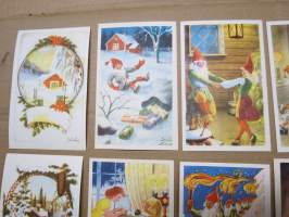 Joulukortti, joulukortit / joulukorttisarja / postikortit / postikorttisarja, käyttämättömät 11 kpl 1940-50 lukujen vaihde, taiteilijat Anders Olsson &amp; Jenny Nyström