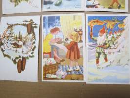 Joulukortti, joulukortit / joulukorttisarja / postikortit / postikorttisarja, käyttämättömät 11 kpl 1940-50 lukujen vaihde, taiteilijat Anders Olsson &amp; Jenny Nyström