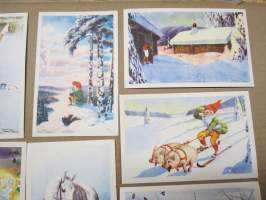 Joulukortti, joulukortit / joulukorttisarja / postikortit / postikorttisarja, käyttämättömät 11 kpl 1940-50 lukujen vaihde, taiteilijat Anders Olsson &amp; Jenny Nyström