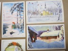 Joulukortti, joulukortit / joulukorttisarja / postikortit / postikorttisarja, käyttämättömät 11 kpl 1940-50 lukujen vaihde, taiteilijat Anders Olsson &amp; Jenny Nyström