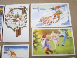 Joulukortti, joulukortit / joulukorttisarja / postikortit / postikorttisarja, käyttämättömät 11 kpl 1940-50 lukujen vaihde, taiteilijat Anders Olsson &amp; Jenny Nyström