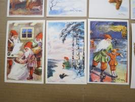 Joulukortti, joulukortit / joulukorttisarja / postikortit / postikorttisarja, käyttämättömät 11 kpl 1940-50 lukujen vaihde, taiteilijat Anders Olsson &amp; Jenny Nyström