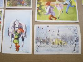 Joulukortti, joulukortit / joulukorttisarja / postikortit / postikorttisarja, käyttämättömät 11 kpl 1940-50 lukujen vaihde, taiteilijat Anders Olsson &amp; Jenny Nyström