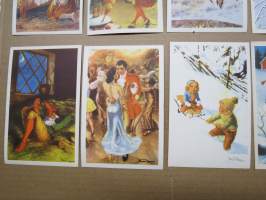 Joulukortti, joulukortit / joulukorttisarja / postikortit / postikorttisarja, käyttämättömät 11 kpl 1940-50 lukujen vaihde, taiteilijat Anders Olsson &amp; Jenny Nyström