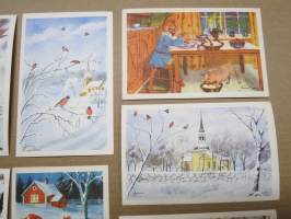 Joulukortti, joulukortit / joulukorttisarja / postikortit / postikorttisarja, käyttämättömät 11 kpl 1940-50 lukujen vaihde, taiteilijat Anders Olsson &amp; Jenny Nyström