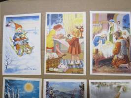 Joulukortti, joulukortit / joulukorttisarja / postikortit / postikorttisarja, käyttämättömät 11 kpl 1940-50 lukujen vaihde, taiteilijat Anders Olsson &amp; Jenny Nyström