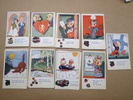 Postkortserie 9 st olika - lyckönskiningar gällande högtid etc, krigstida 1940-talet, fina verser