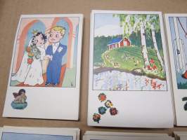 Onnittelukorttisarja / postikorttisarja 10 kpl vuodelta 1943, häät, seurustelu, rakkaus ym, alareunassa tilaa vaikka omalle tekstille