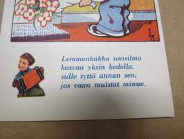 Onnittelukortti / postikortti &quot;Lemmenkukka sinisilmä kasvaa yksin kedolla, sulle tyttö annan sen, jos vaan muistat minua&quot;, alkuperäinen vuodelta 1943, käyttämätön