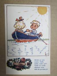 Onnittelukortti / postikortti &quot;Meiltä on vain vaaksa Teille, taikka oisiko syli? Teiltä on meille vihainen virta, eikä ole porrasta yli&quot;, vuodelta 1943, käyttämätön