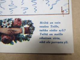 Onnittelukortti / postikortti &quot;Meiltä on vain vaaksa Teille, taikka oisiko syli? Teiltä on meille vihainen virta, eikä ole porrasta yli&quot;, vuodelta 1943, käyttämätön